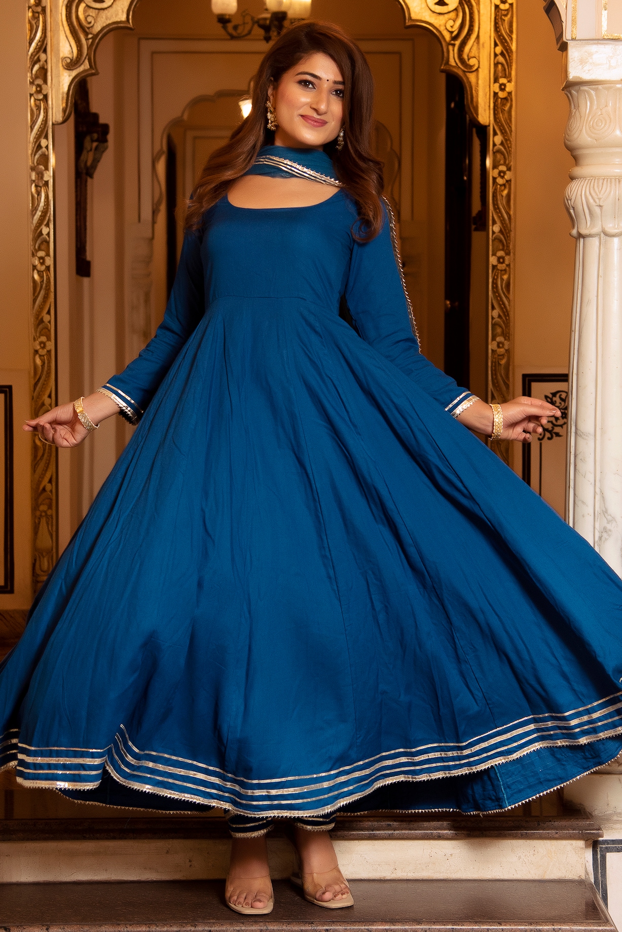 Regal Blue Rayon Anarkali Set Design by Calmna at Pernia's Pop Up Shop 2024