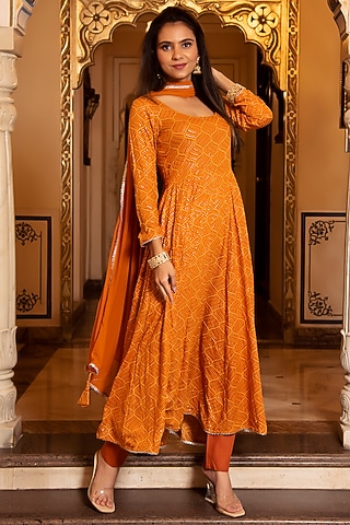 Imperial Golden Rayon Printed Anarkali Set by Calmna