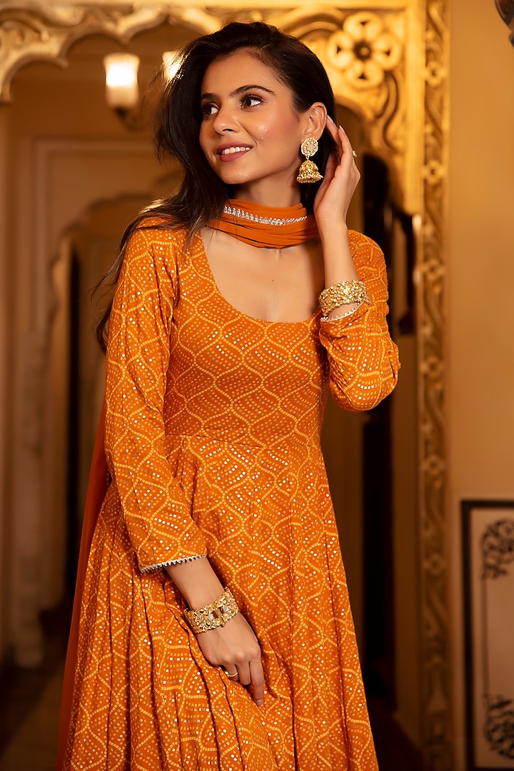 Imperial Golden Rayon Printed Anarkali Set by Calmna at Pernia's Pop Up Shop
