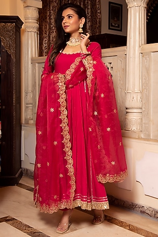 Rani Pink Rayon Embroidered Anarkali Set by Calmna
