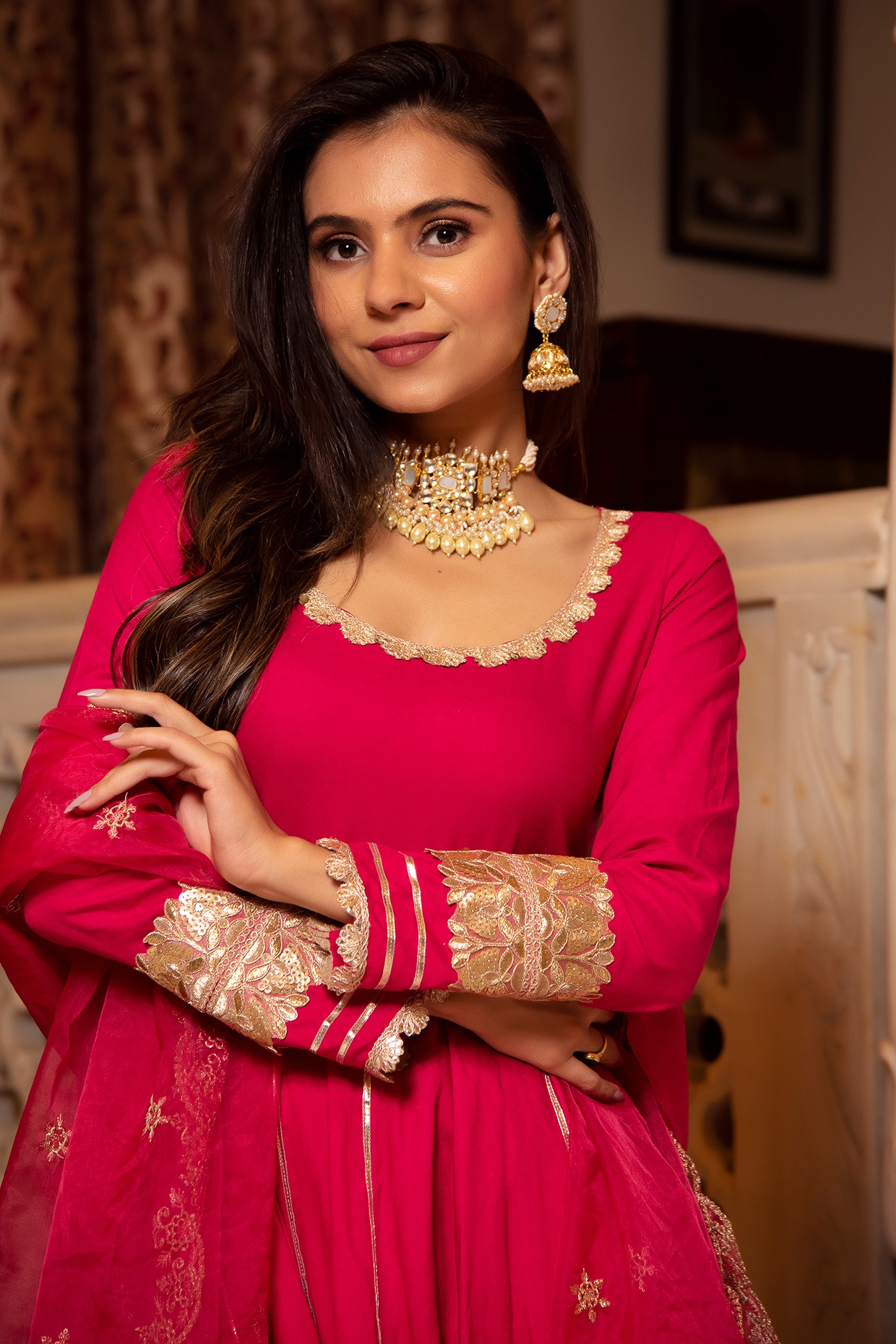 Shop Online Peach and Pink Floorlength Chanderi Banarasi Anarkali Suit –  Pure Elegance
