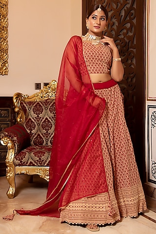 Red Rayon Chikankari Lehenga Set by Calmna