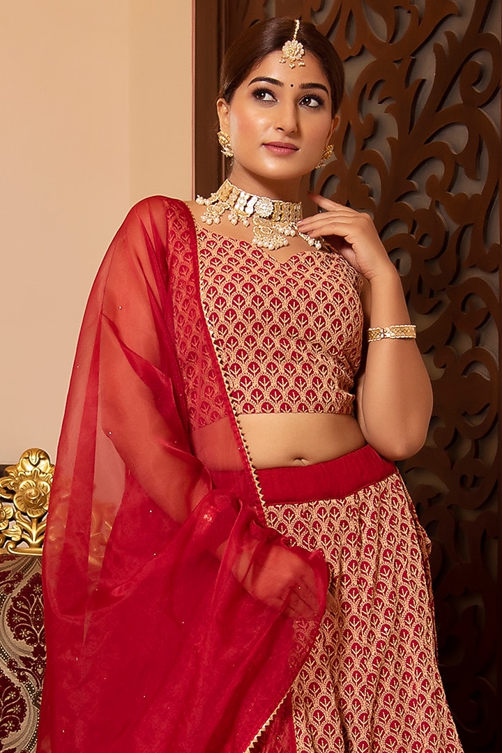 Red Rayon Chikankari Lehenga Set by Calmna at Pernia's Pop Up Shop