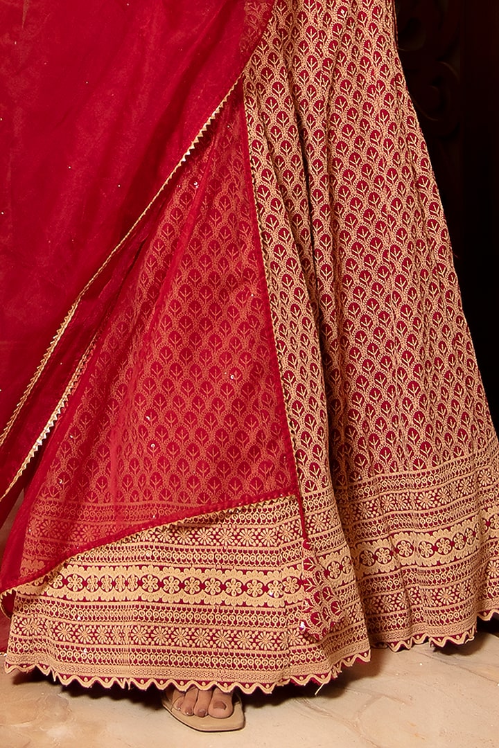 Red Rayon Chikankari Lehenga Set by Calmna at Pernia's Pop Up Shop