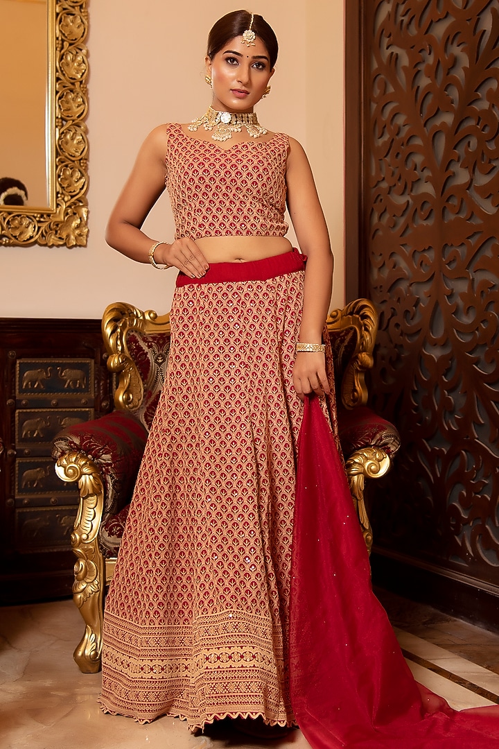Red Rayon Chikankari Lehenga Set by Calmna at Pernia's Pop Up Shop