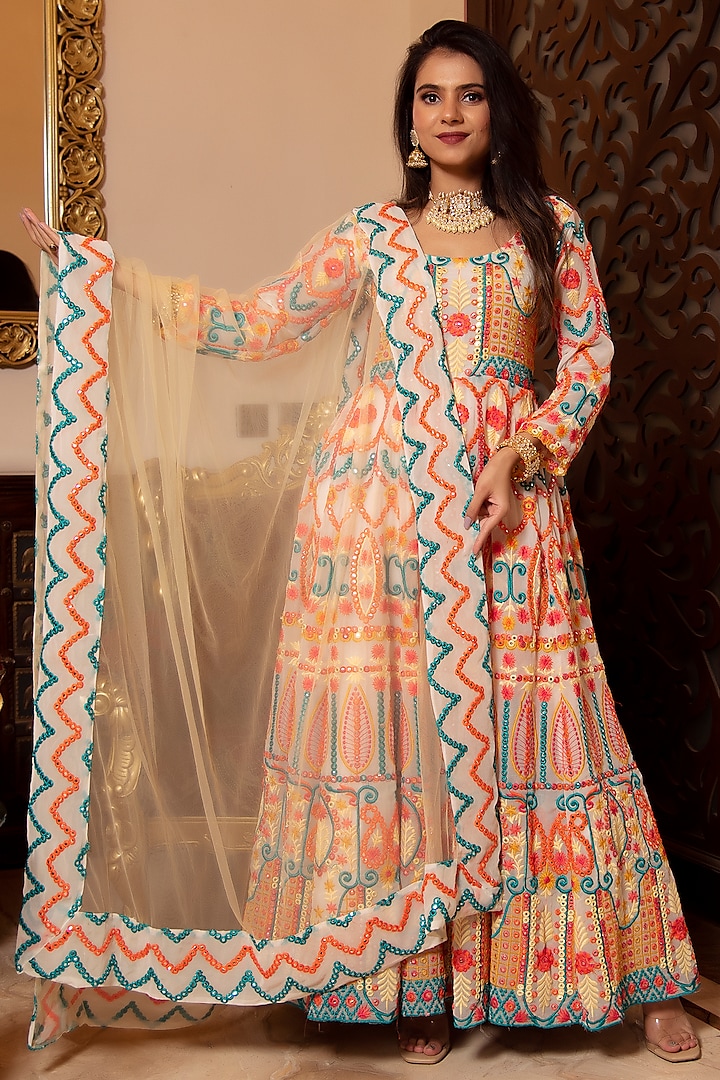 Multi-Colored Georgette Embroidered Anarkali Set by Calmna
