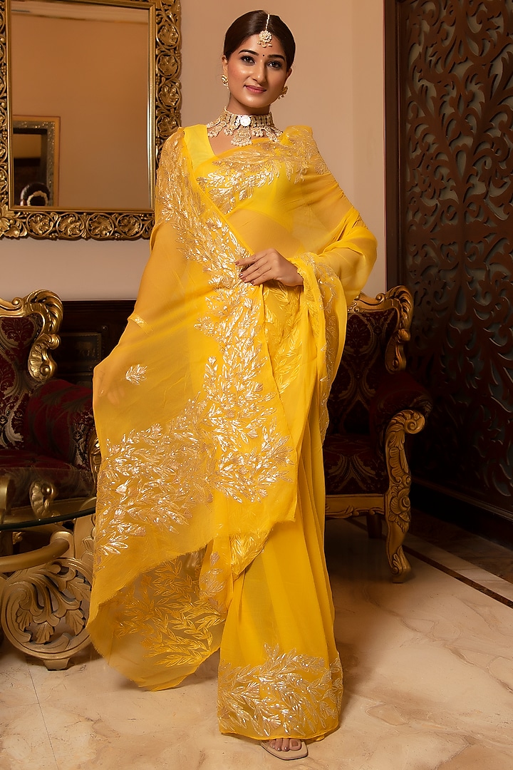 Yellow Chiffon Gota Patti Saree Set by Calmna