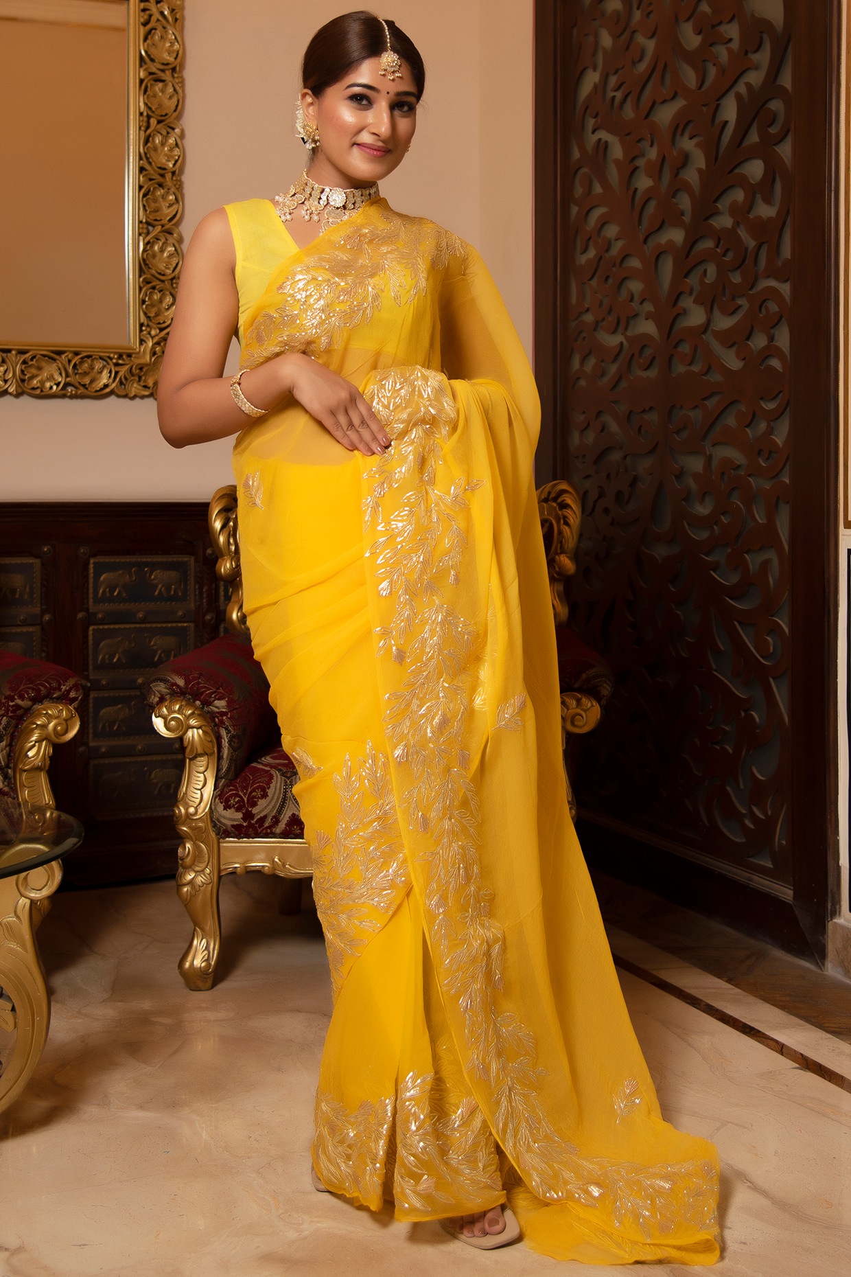 Buy Yellow Gota Patti Mirror Embroidered Organza Saree For Women Online -  Frontierraas