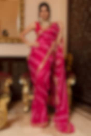 Rani Pink Chiffon Gota Patti Work Leheriya Saree Set by Calmna