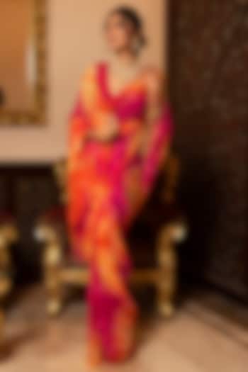 Multi-Colored Chiffon Leheriya Saree Set by Calmna