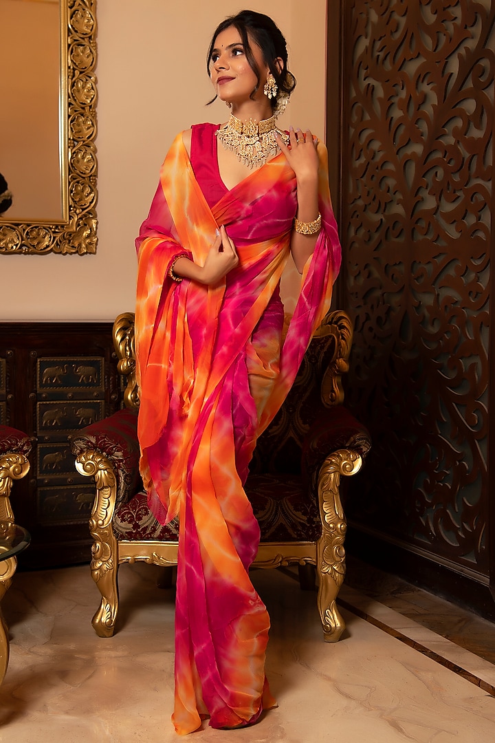 Multi-Colored Chiffon Leheriya Saree Set by Calmna