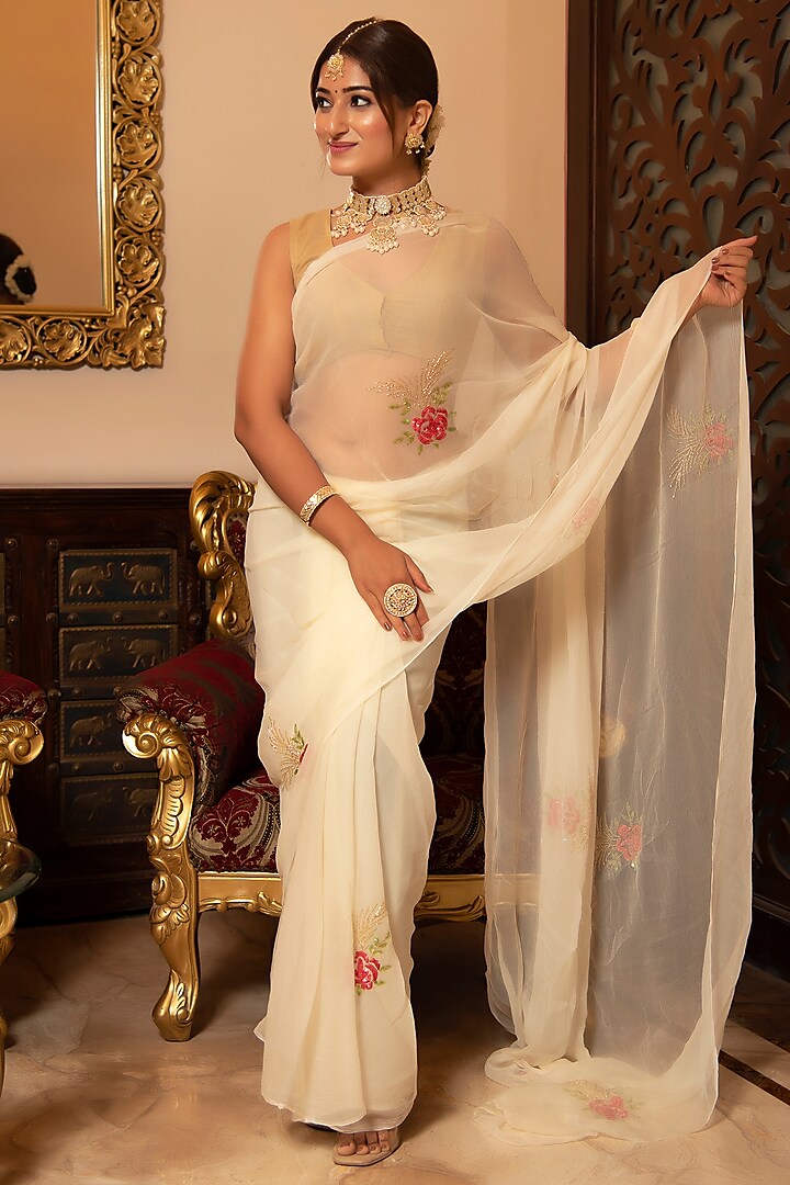 Milky White Chiffon Embroidered Saree Set by Calmna