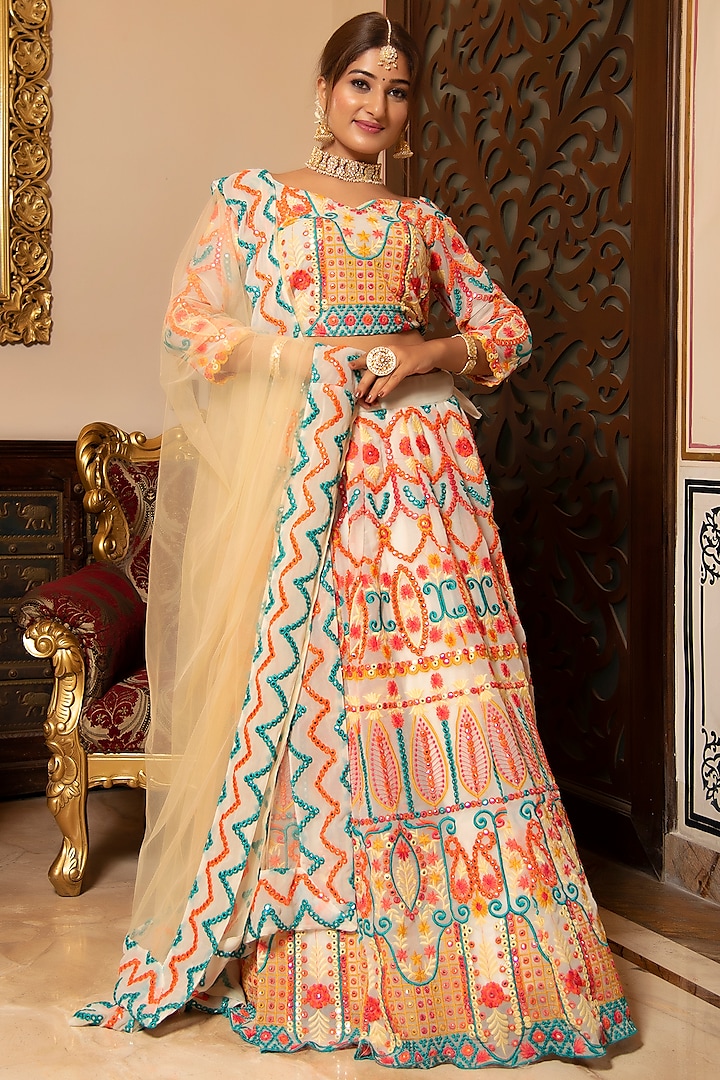 Multi-Colored Georgette Embroidered Lehenga Set by Calmna