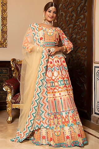 Multi-Colored Georgette Embroidered Lehenga Set by Calmna