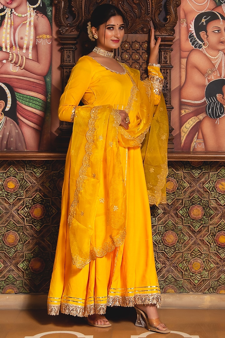 Yellow Rayon Embroidered Anarkali Set by Calmna