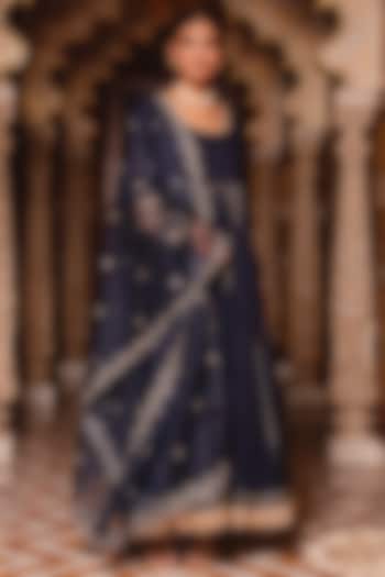 Navy Blue Rayon Embroidered Anarkali Set by Calmna