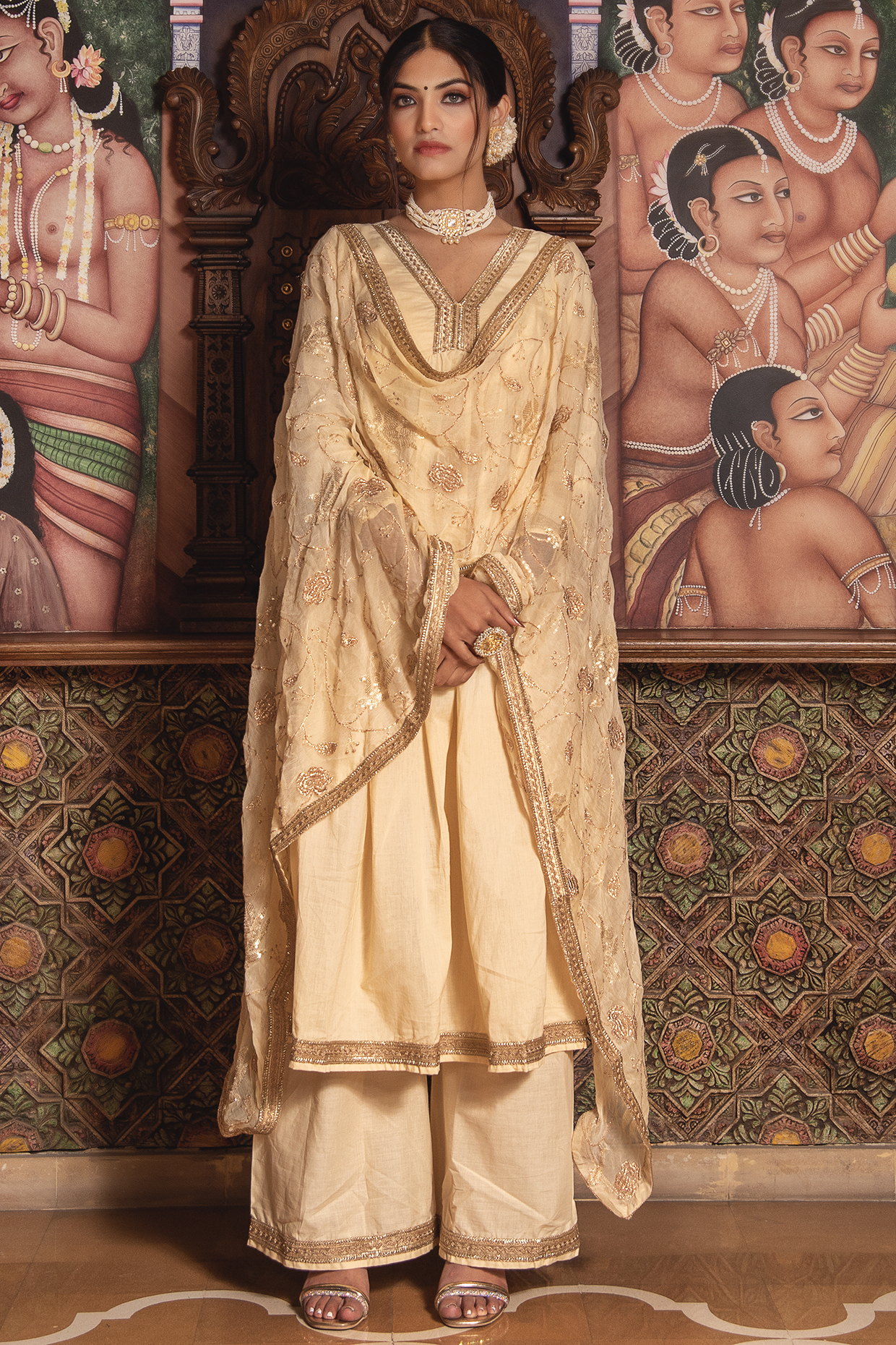 Beige Rayon Embroidered Anarkali Set by Calmna
