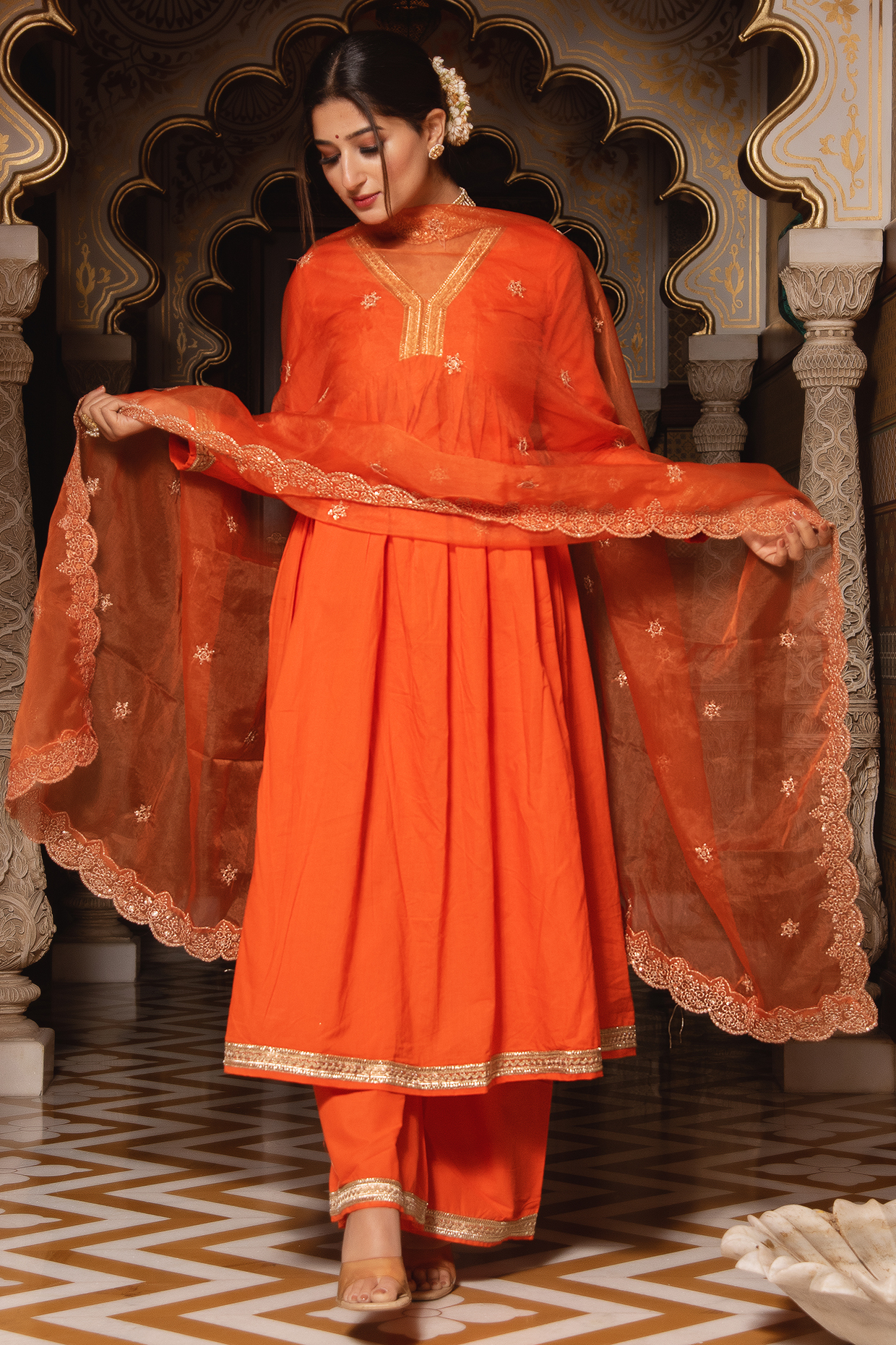 Orange Rayon Embroidered Anarkali Set by Calmna