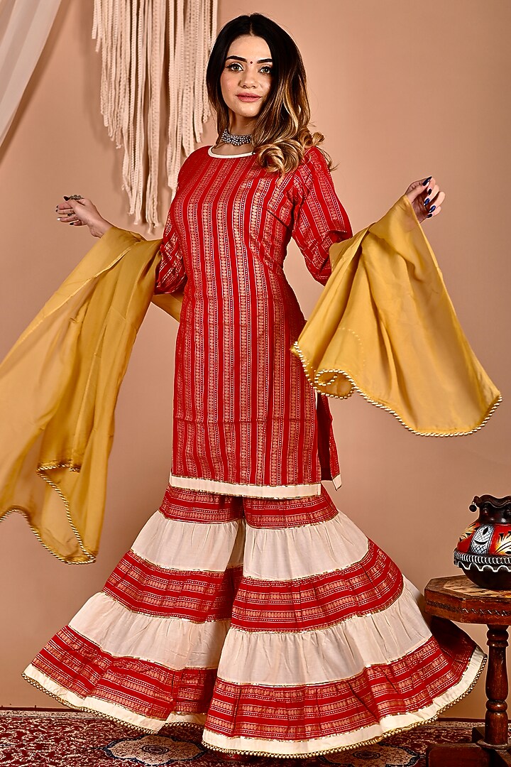 Red Printed Sharara Set by Calmna at Pernia's Pop Up Shop