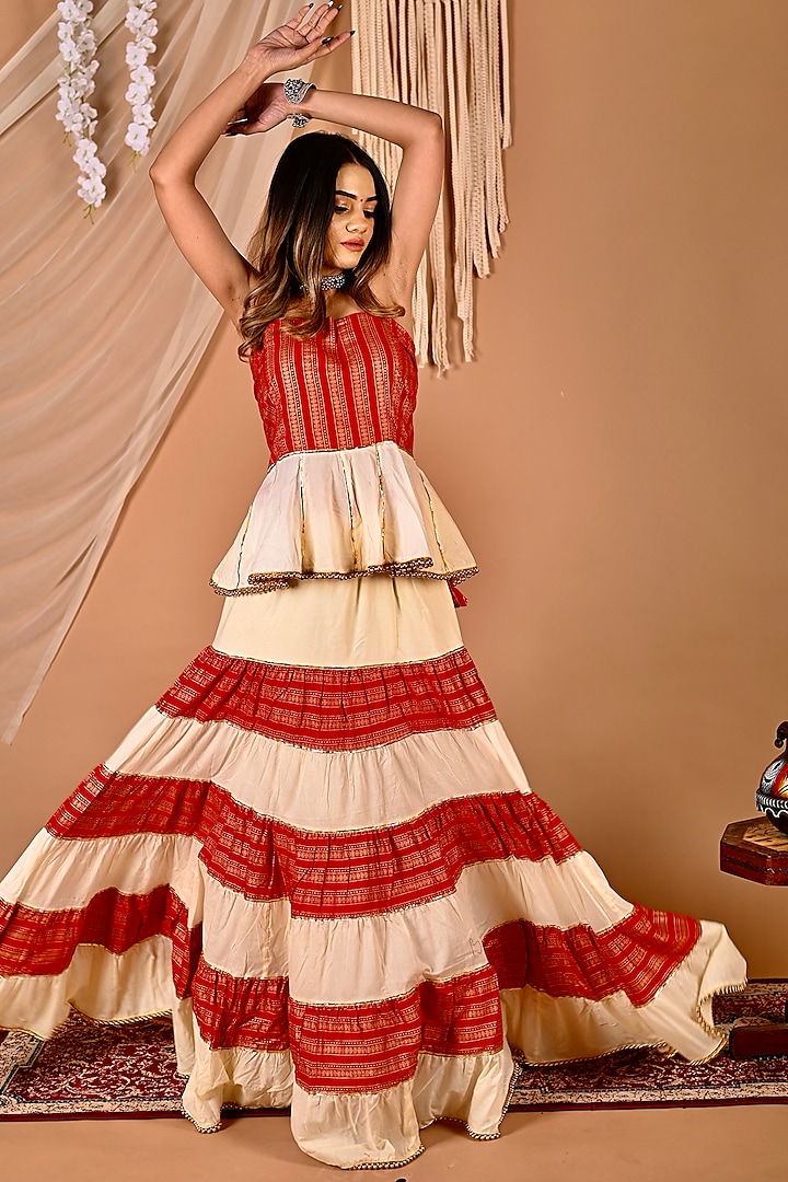 Red Embroidered Lehenga Set by Calmna