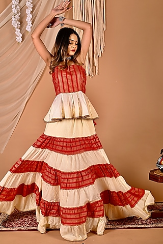 Red Embroidered Lehenga Set by Calmna