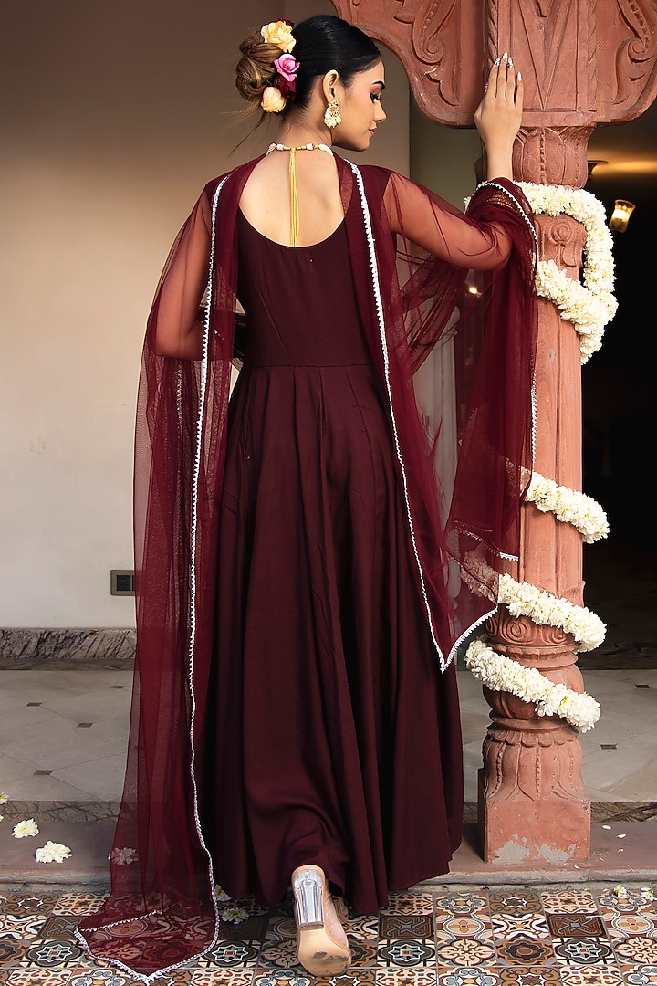 Wine Georgette & Rayon Anarkali Set by Calmna at Pernia's Pop Up Shop