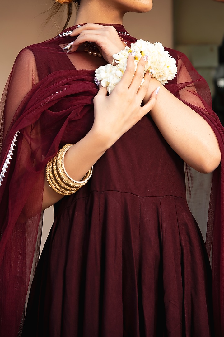 Wine Georgette & Rayon Anarkali Set by Calmna at Pernia's Pop Up Shop