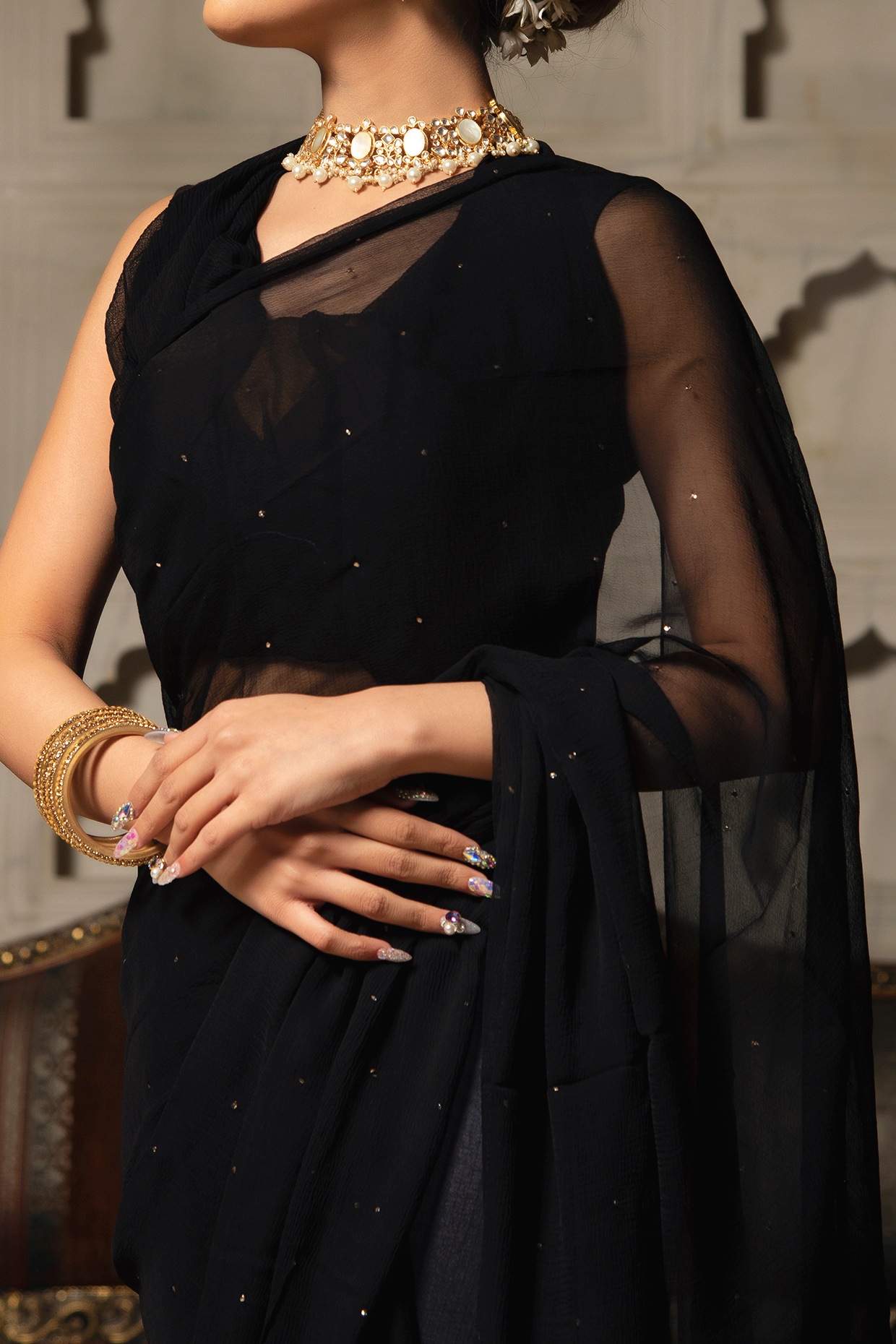 Black Saree With Mukaish Work Design by Calmna at Pernia's Pop Up Shop 2024