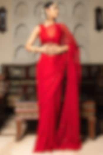 Red Saree With Mukaish Work by Calmna