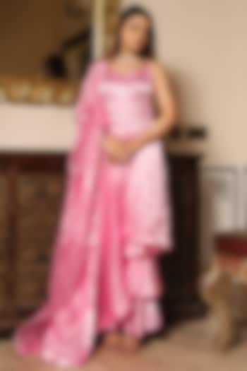 Baby Pink Satin Sharara Set by Calmna