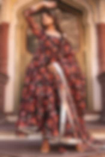 Brown Organza Printed Anarkali Set by Calmna at Pernia's Pop Up Shop