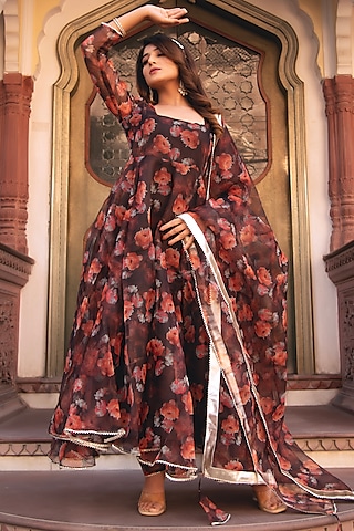 Brown Organza Printed Anarkali Set by Calmna