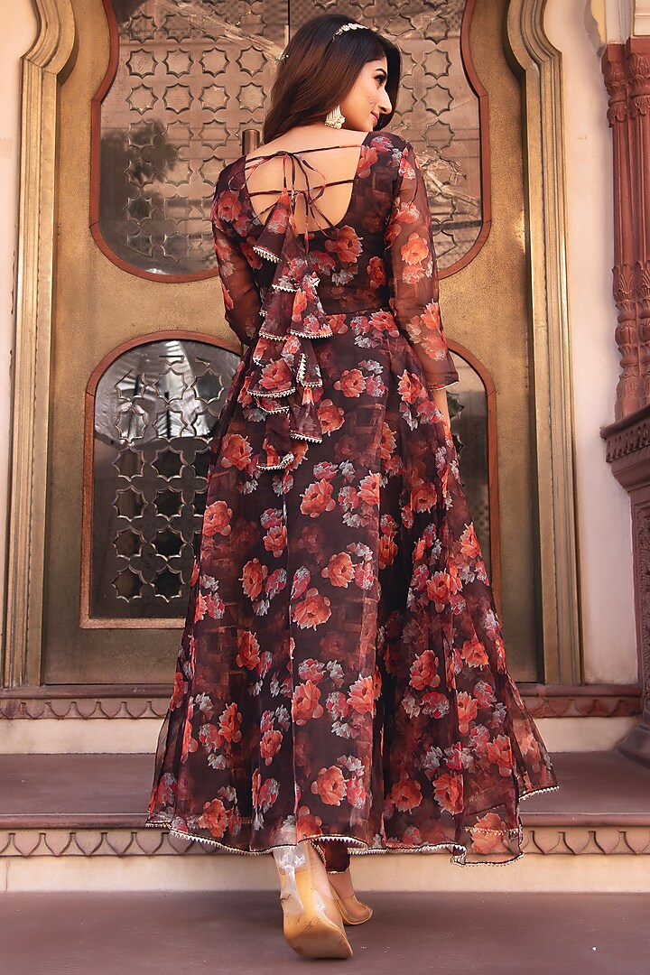 Brown Organza Printed Anarkali Set by Calmna at Pernia's Pop Up Shop
