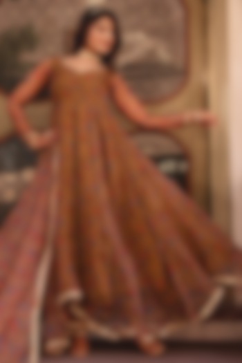 Brown Organza Printed Anarkali Set by Calmna at Pernia's Pop Up Shop