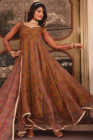 Brown Organza Printed Anarkali Set by Calmna