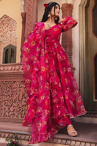 Pink Organza Printed Anarkali Set by Calmna