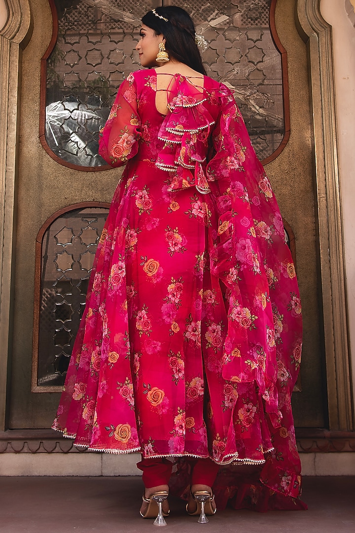 Pink Organza Printed Anarkali Set by Calmna at Pernia's Pop Up Shop