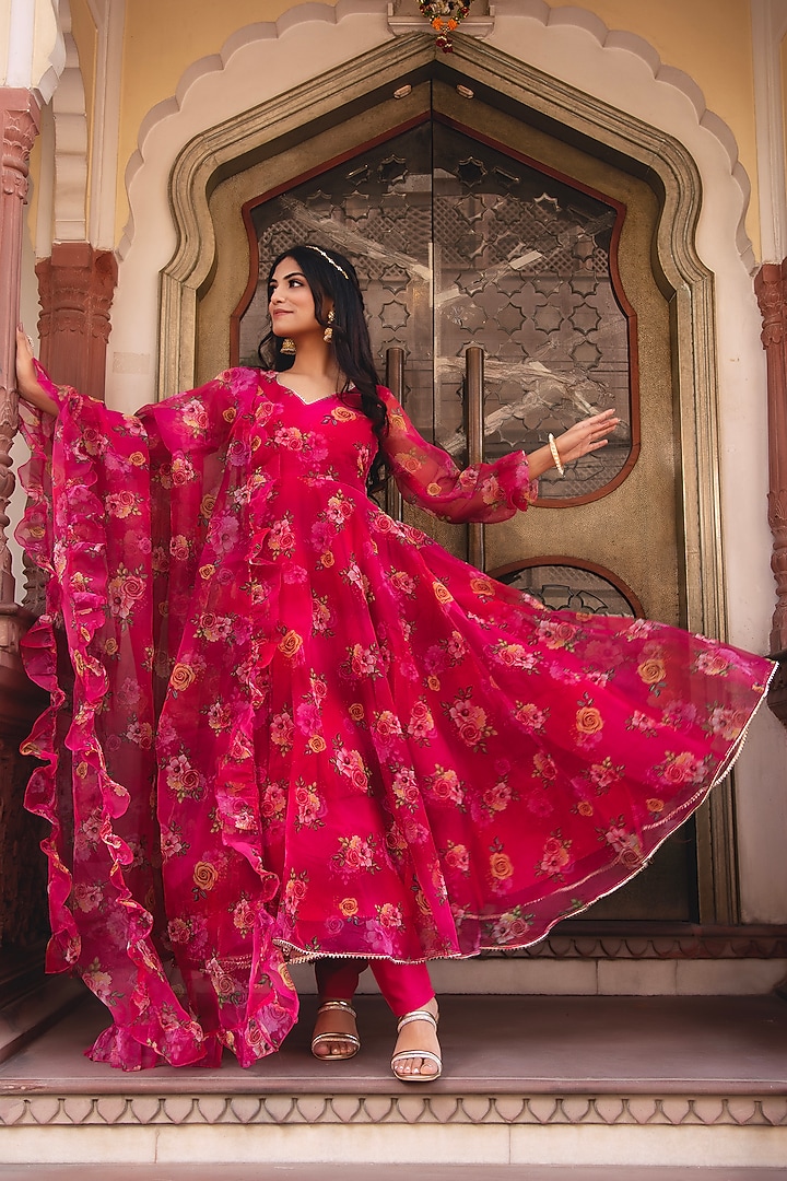 Pink Organza Printed Anarkali Set by Calmna at Pernia's Pop Up Shop