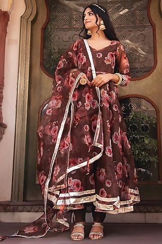 Brown Organza Printed Anarkali Set by Calmna