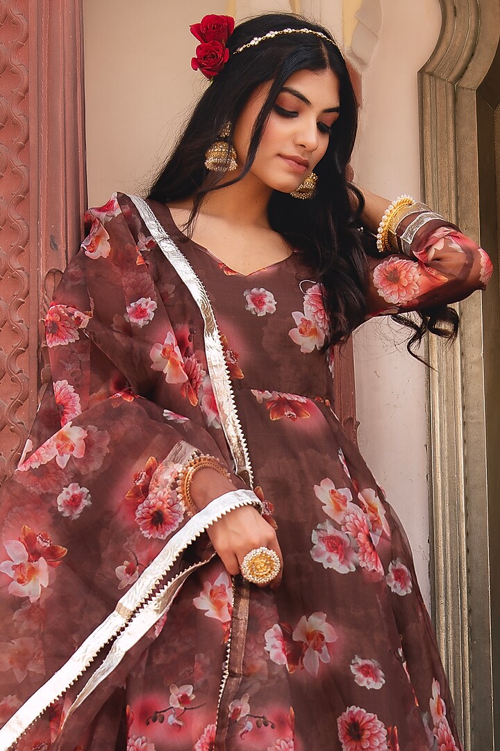 Brown Organza Printed Anarkali Set by Calmna at Pernia's Pop Up Shop