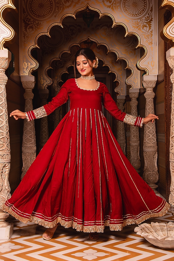 Maroon Rayon Embroidered Anarkali Set by Calmna at Pernia's Pop Up Shop