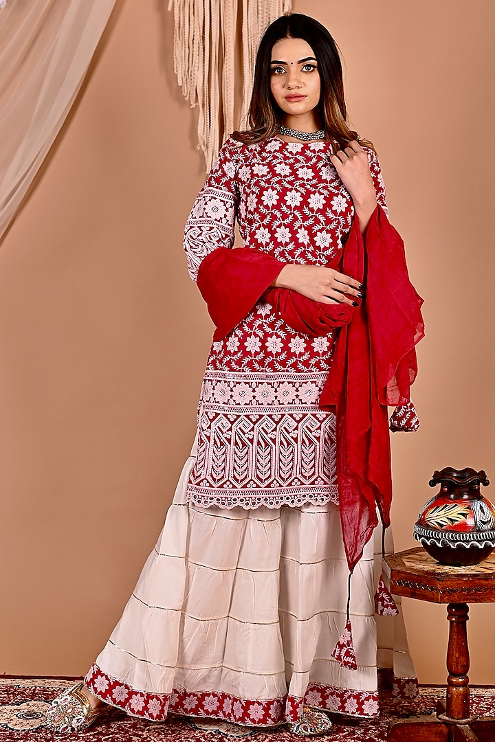 Off-White Rayon Sharara Set by Calmna