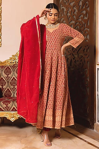 Red Rayon Chikankari Anarkali Set by Calmna