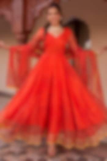 Orange Organza Bandhej Printed Anarkali Set by Calmna at Pernia's Pop Up Shop