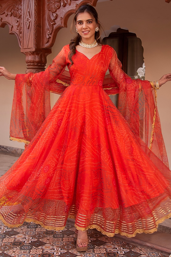 Orange Organza Bandhej Printed Anarkali Set by Calmna at Pernia's Pop Up Shop