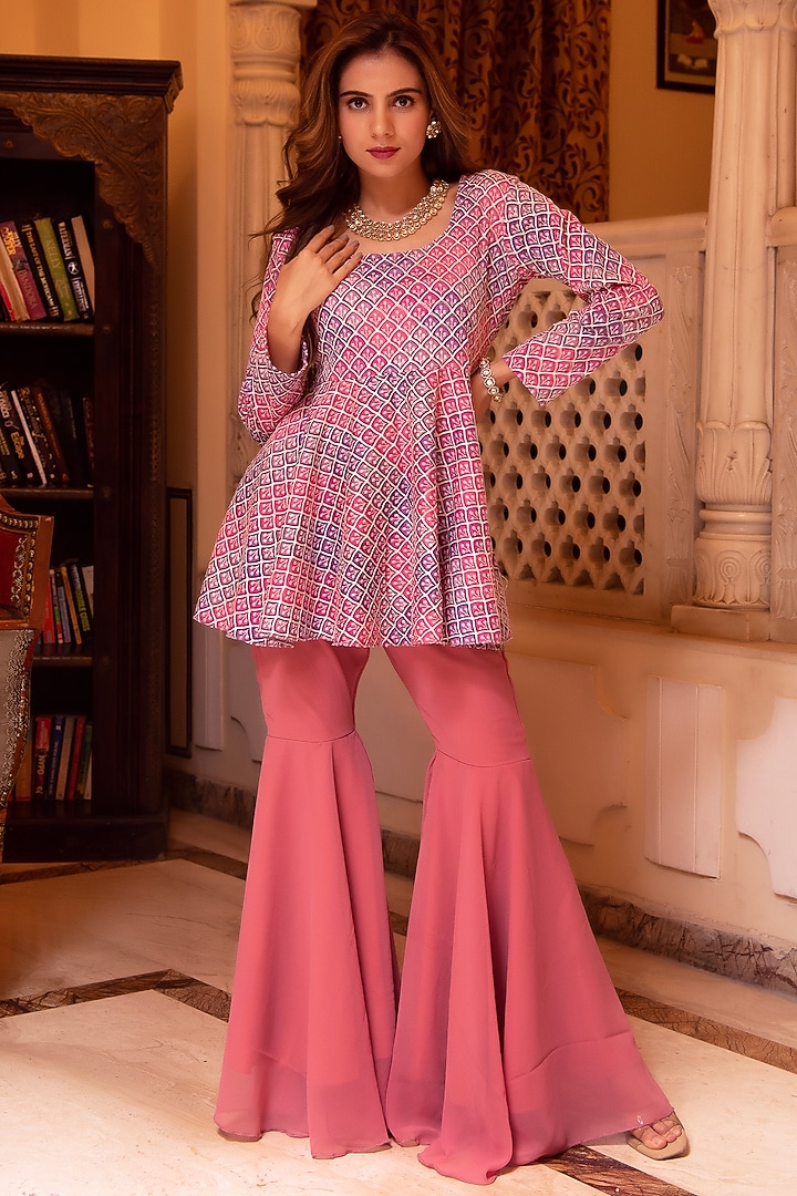 Lilac & Pink Georgette Embroidered Sharara Set by Calmna at Pernia's Pop Up Shop