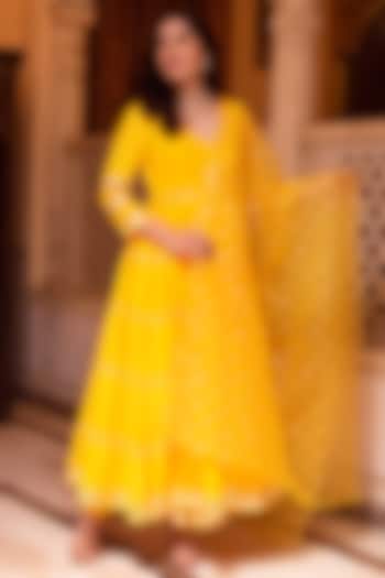 Yellow Rayon Gota Patti Embroidered Anarkali Set by Calmna at Pernia's Pop Up Shop