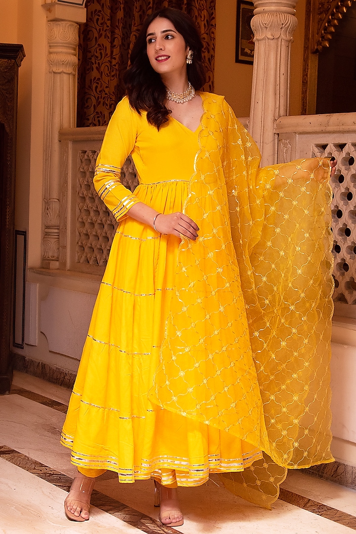 Yellow Rayon Gota Patti Embroidered Anarkali Set by Calmna at Pernia's Pop Up Shop