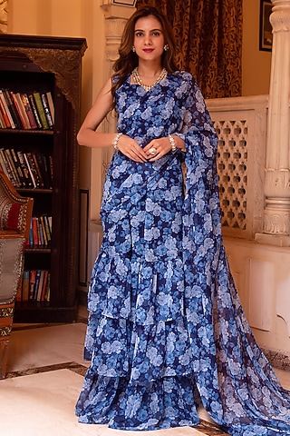 Blue Georgette Printed Pre-Draped Saree Set by Calmna