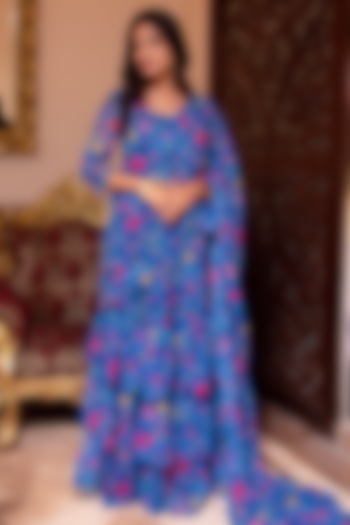 Blue Georgette Printed Draped Sharara Festive Saree Set by Calmna at Pernia's Pop Up Shop